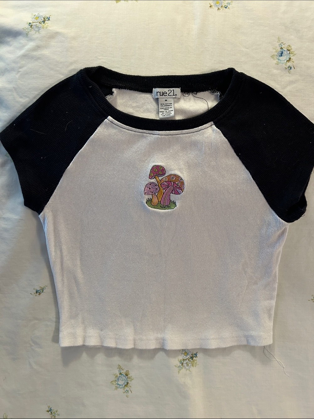 rue21 White Crop Tee with Black Raglan Sleeves and Embroidered Mushroom